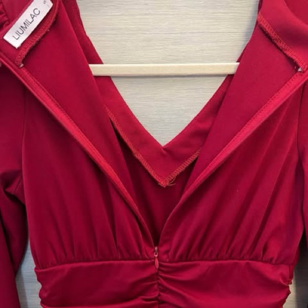 LIUMILAC Red V Neck Fit and Flare Dress Small Like New - Picture 8 of 10